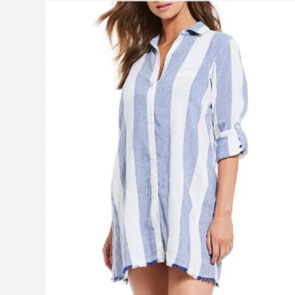 Tommy Bahama Rugby Beach Stripe‎ Boyfriend Cover-Up Shirt Medium - Picture 2 of 15